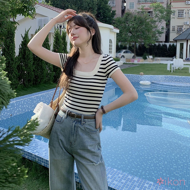 Áo Thun Dệt Kim Kẻ Sọc Dáng Ôm Thời Trang Cho Nữ