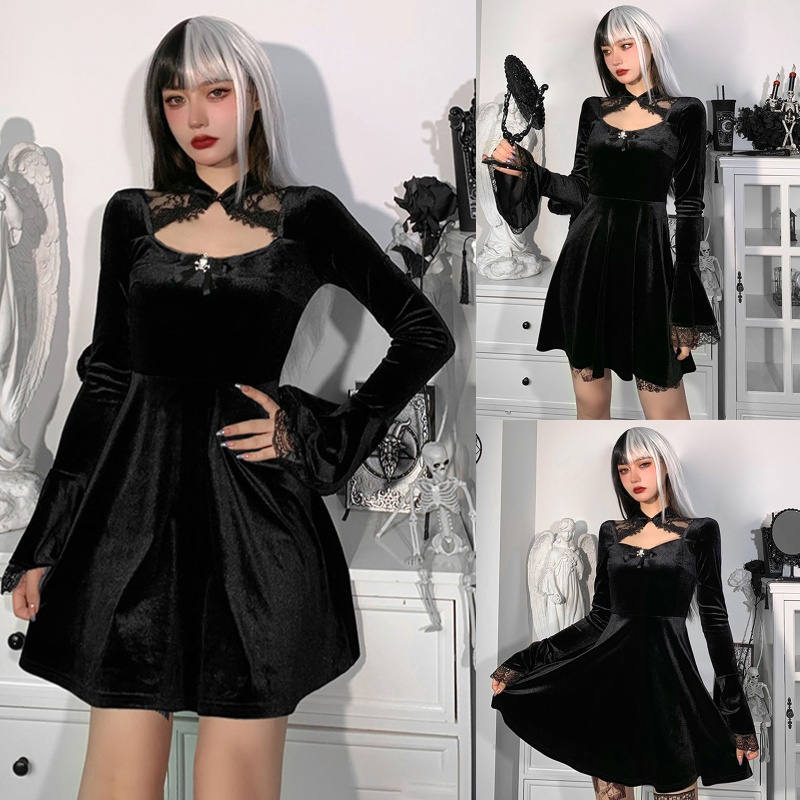 Đầm Nhung Chữ A Tay Dài Loe Cổ Đứng Phối Ren Phong Cách Gothic Harajuku Cho Nữ