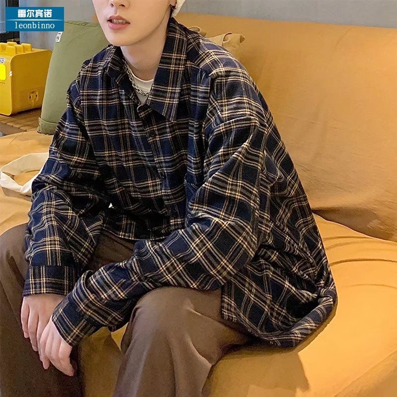 ♞AFF LIGA♞ Áo Sơ Mi Caro Tay Dài Phong Cách Vintage Thời Trang Cho Nam