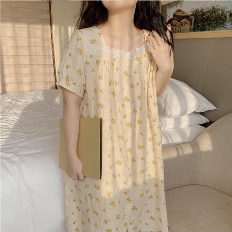 Váy ngủ 2 màu hoa vải xô muslin VN008 tiểu thư