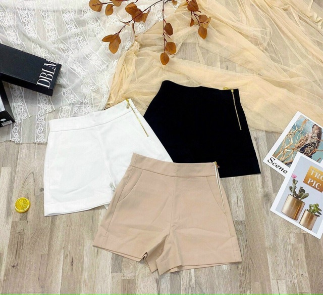 Quần shorts tuyết mưa lưng cao zip hông siêu đẹp Hình thật trải sàn