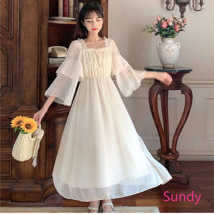Đầm Chiffon Dáng Dài Phối Ren Thời Trang Mùa Hè Cho Nữ