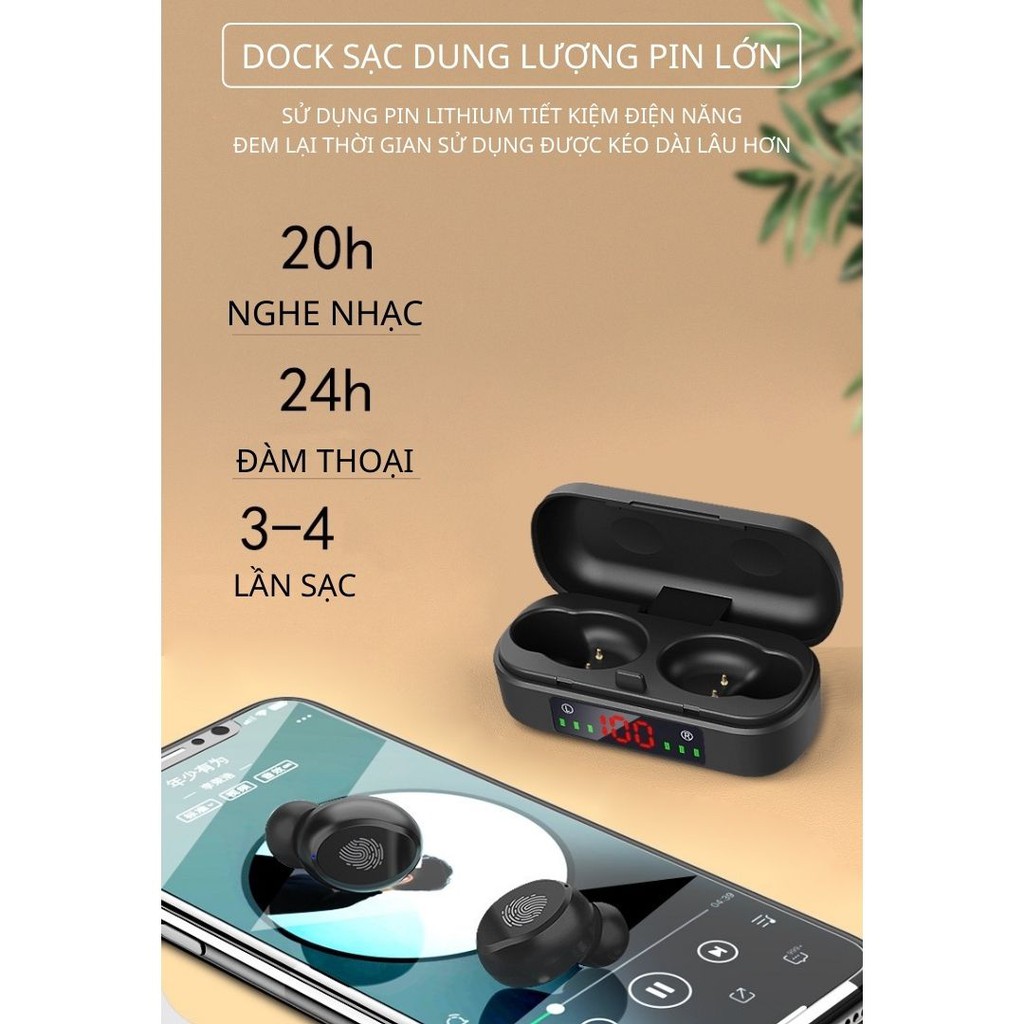 Tai nghe bluetooth không dây TW8 Bass mạnh, cảm ứng vân tay, có mic đàm thoại tương thích điện thoại, máy tỉnh bảng