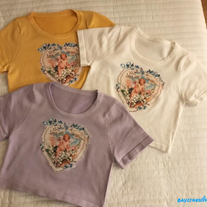 Áo Croptop Tay Ngắn In Hình Thiên Thần Xinh Xắn Cho Nữ