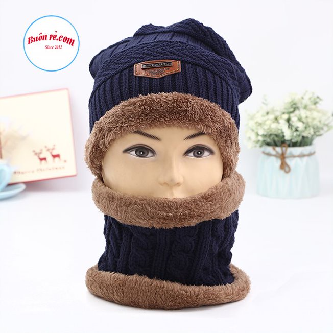Bộ mũ len kèm khăn ống quàng cổ lót lông dày dặn giữ ấm cho mùa đông - 01483