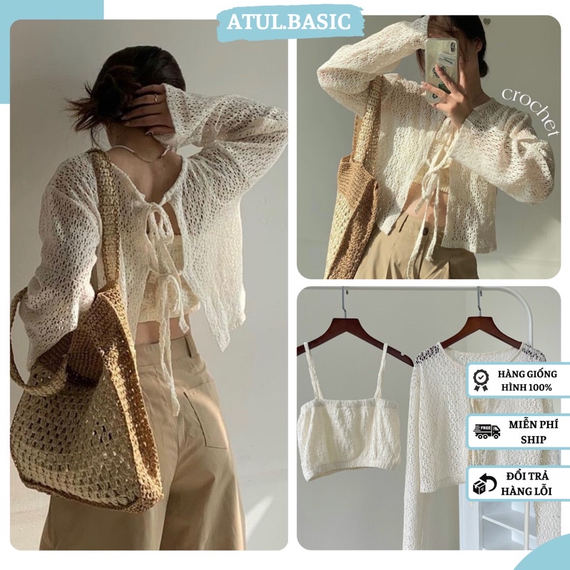 Set Áo Croptop Nữ, Áo Croptop Lưới Tay Dài Dây Buộc Nơ Và Áo Hai Dây Bo Chun Hàng Quảng Châu Cao Cấp - Set Áo Lưới