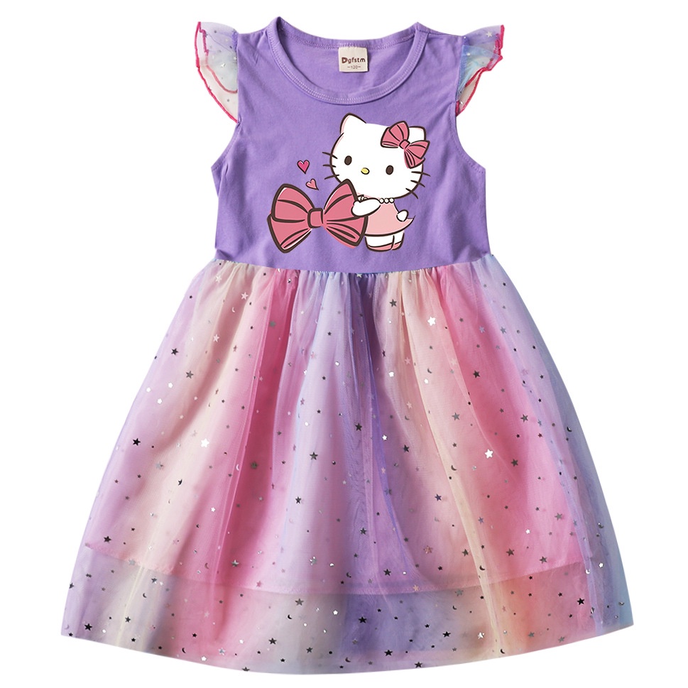 Mới Đầm Tay Ngắn Hình Hello Kitty Màu Cầu Vồng Cho Bé Gái