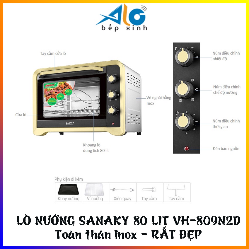 Lò nướng Sanaky 80 lít VH-809N2D - Toàn thân inox - Công suất 2000W - Nhiệt độ tối đa 230 độ - BH 2 năm - Alo Bếp Xinh