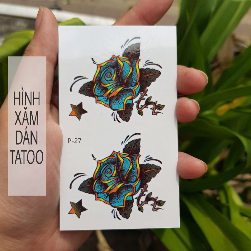 Hình xăm hoa hồng xanh p27. Xăm dán tatoo mini tạm thời, size &lt;10x6cm