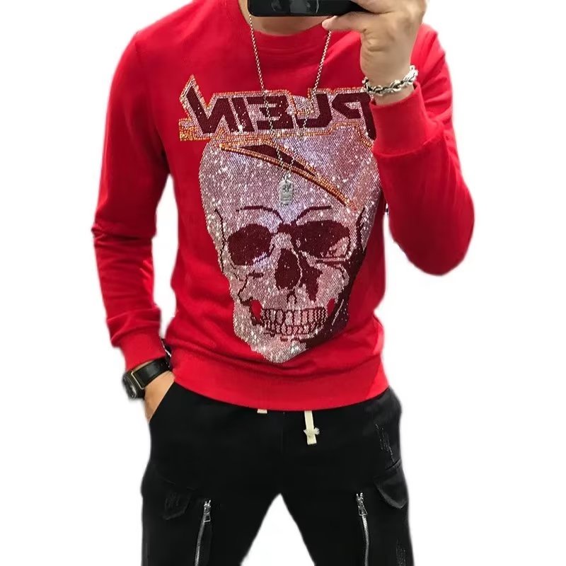 Áo Thun Tay Dài Cổ Tròn In Hình Đầu Lâu Đính Đá Phong Cách Châu Âu Thời Trang Xuân Thu Mới Cho Nam