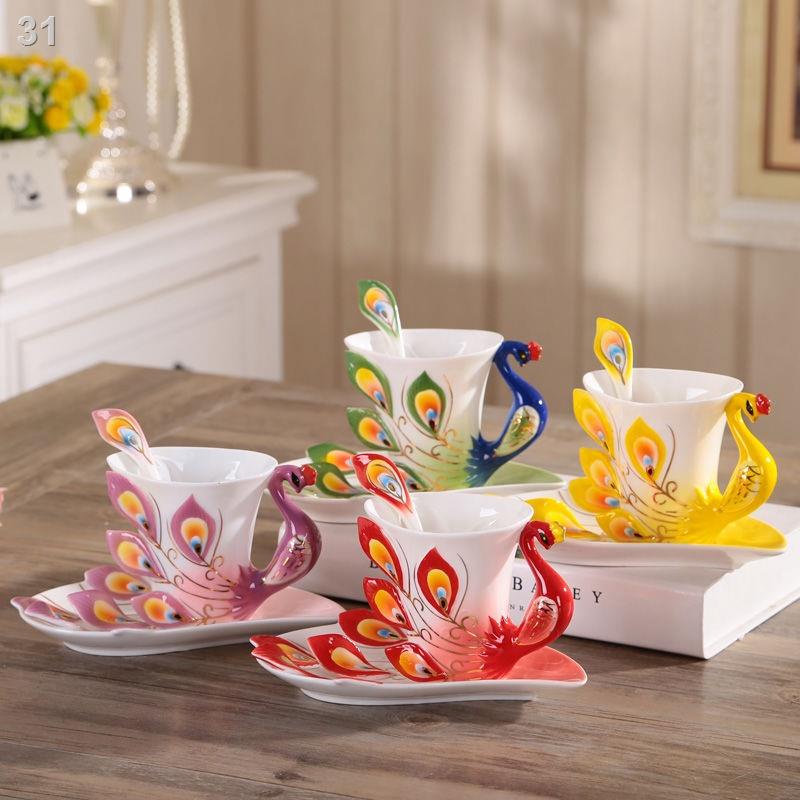 （Cái cốc）✱Cá tính 3D Gốm sứ sáng tạo xương con công Trung Quốc Tách cà phê Đĩa thìa Ngày lễ tình nhân Cặp Bộ trà phong c