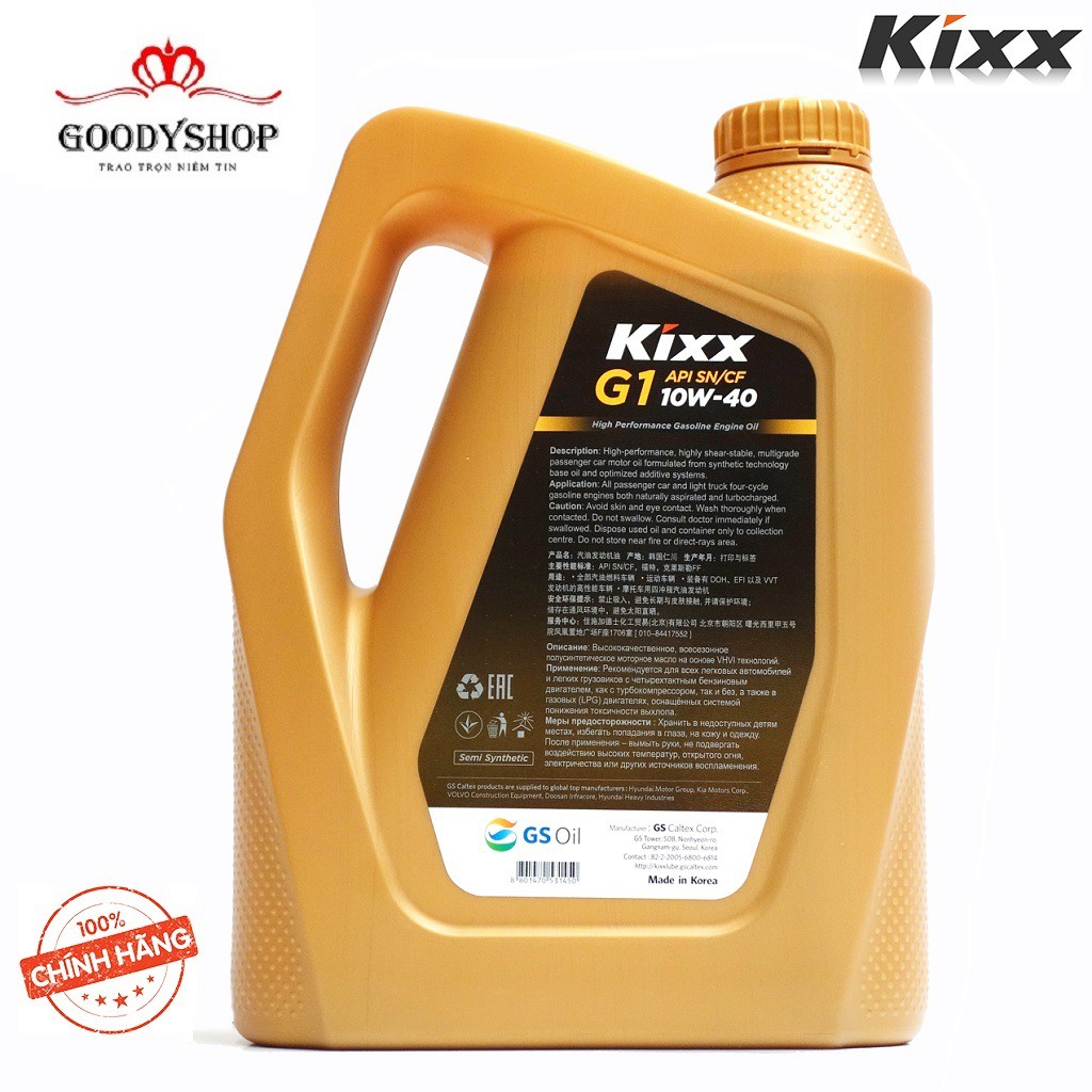 Dầu nhớt động cơ xăng cao cấp bán tổng hợp Kixx G1 10W-40 thùng nhựa 5 lít