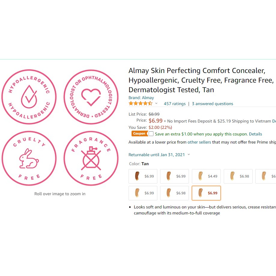 [Auth] Che khuyết điểm an toàn ALMAY Skin Perfecting Comfort Concealer Mỹ