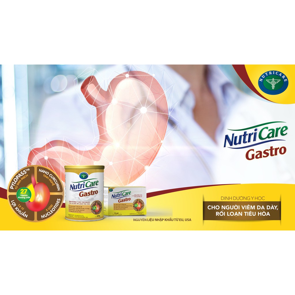 Sữa bột Nutricare Gastro dinh dưỡng y học cho người viêm dạ dày, rối loạn tiêu hoá (900g)