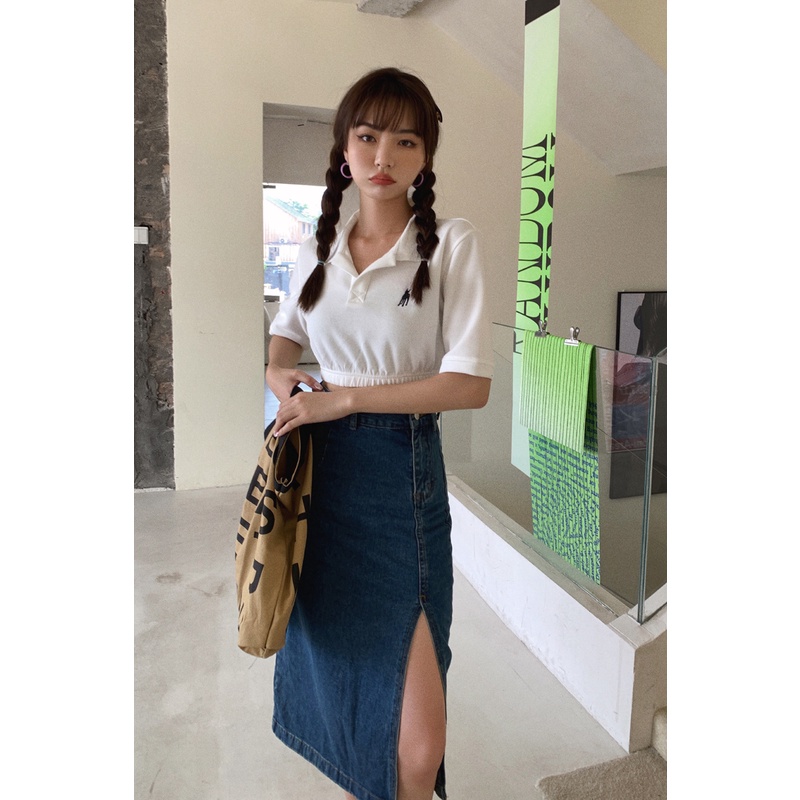 Chân Váy Denim Xanh Dương Xẻ Tà Lưng Cao Vừa Vặn 43784