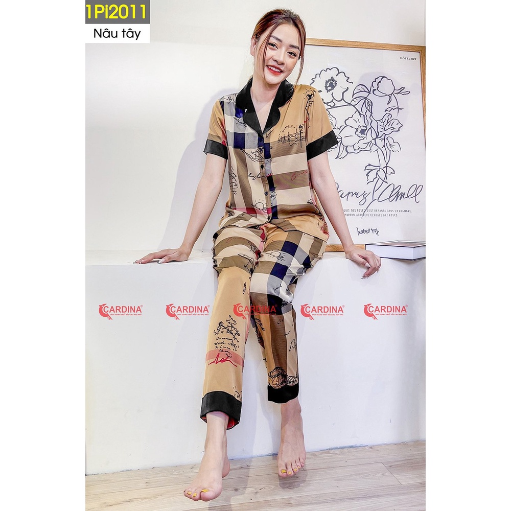 Bộ Pijama Nữ Cardina quần dài, áo ngắn tay, nhiều họa tiết, chất Lụa Nhật Cao Cấp.