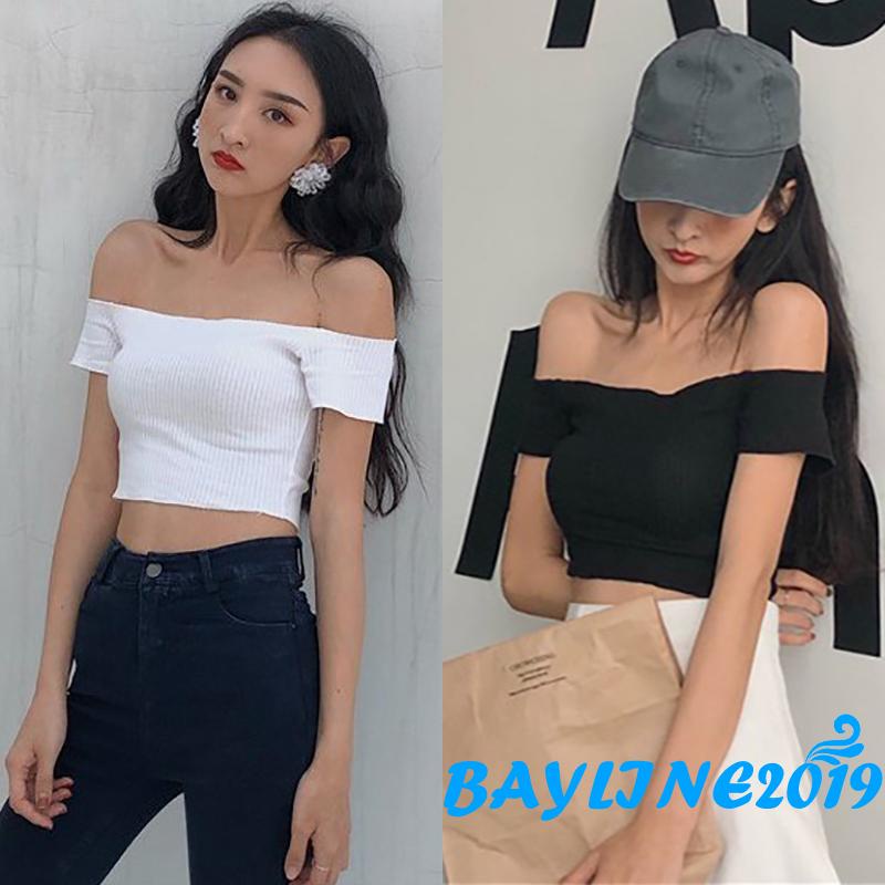 Áo croptop trễ vai tay ngắn màu sắc quyến rũ dành cho nữ