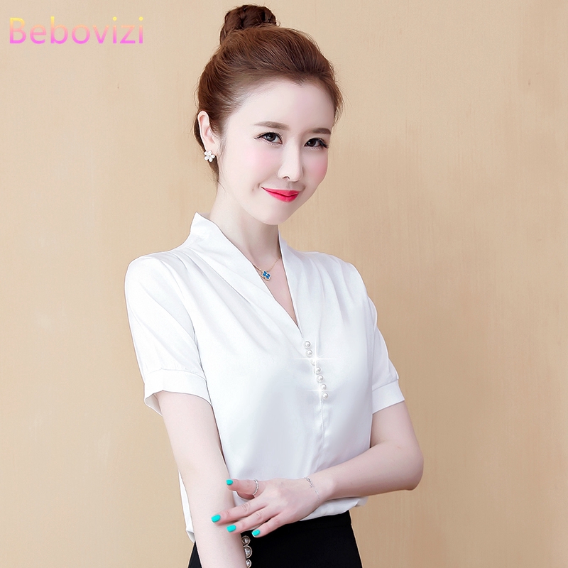 Áo Lụa Ngắn Tay Cổ Tim Phong Cách Hàn Quốc Thanh Lịch Dành Cho Nữ