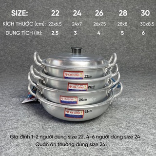 Nồi lẩu nhôm cao cấp, dày dặn tiêu chuẩn Nhật Bản JIS kích thước 22 - 24 - 26 - 28 - 30 cm thương hiệu nhôm Kim Cương