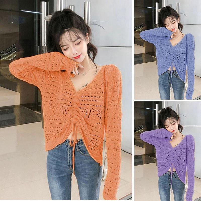 Áo lưới len tay dài cổ V thời trang mùa hè thoáng mát cho nữ | BigBuy360 - bigbuy360.vn