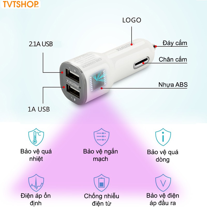 Sạc điện thoại trên xe ô tô, cục sạc điện thoại xe hơi, củ sạc 2 cổng usb TVT-190