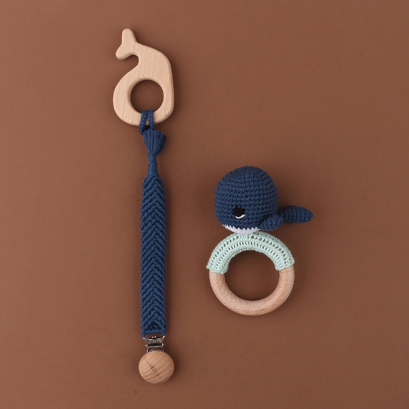 1 Bộ Vòng Ngậm Mọc Răng + Giá Đỡ Kẹp Dây Xích Bằng Cotton Đan Hình Cá Heo DIY Cho Bé Sơ Sinh