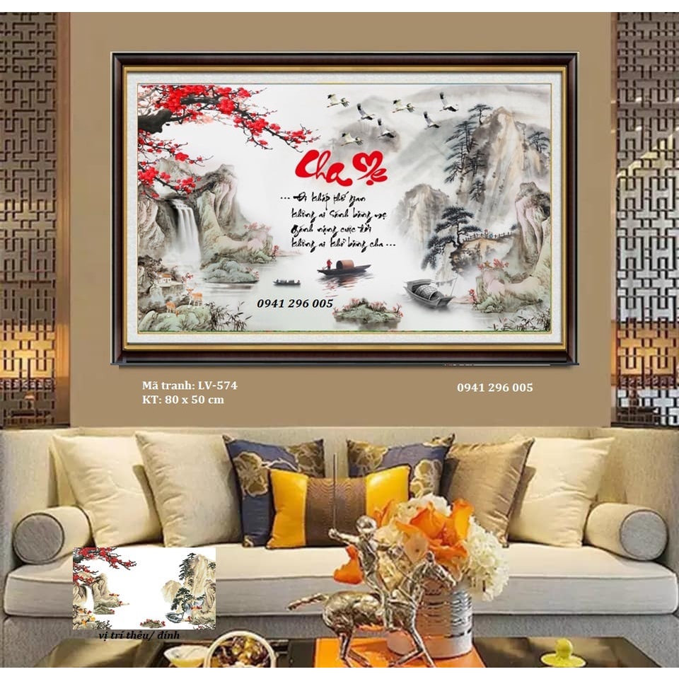 Tranh đính đá - Tranh thêu Cha Mẹ (kích thước : 125x60cm) - tranh chưa làm