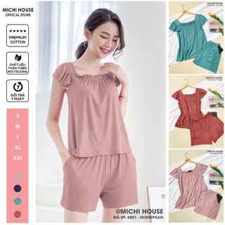 Bộ Mặc Nhà Nữ Cổ Vuông Nhún Bèo Cộc Tay Chất Cotton Nhật Mềm, Set Đồ Ngủ Trẻ Trung Đủ Size Cardina, SB01 - Michi House