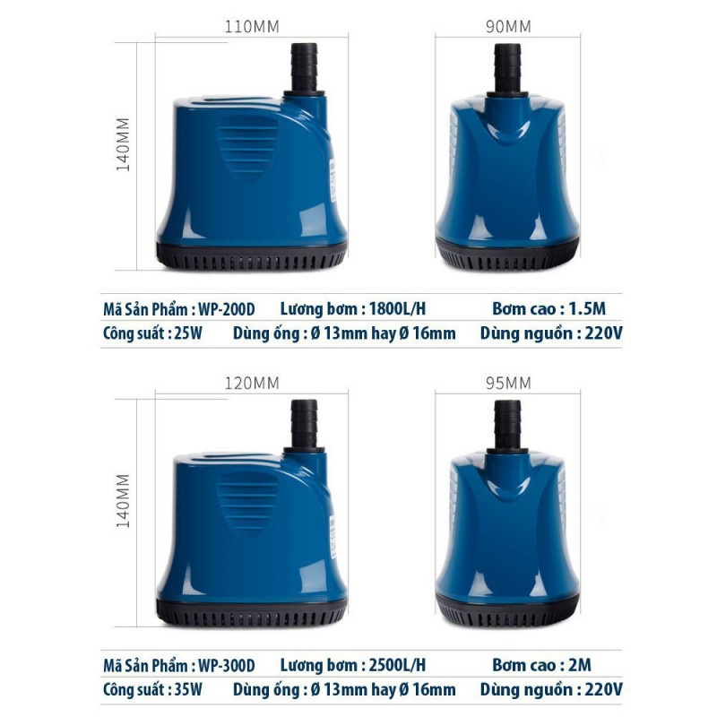 Bơm Hút Đáy Sobo WP-200D (25W-1800L/H-1.5M) - Máy Bơm Chìm Hút Cặn 360 Độ Cho Bể Cá