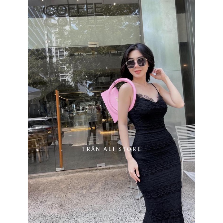 Đầm xốp 2 dây viền ren ôm body dáng dài cực hot , chất thun xốp mềm mịn