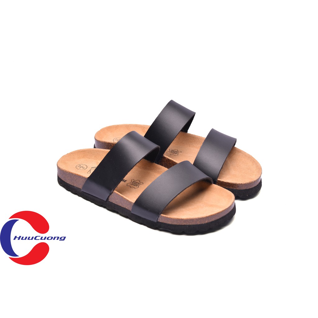 Dép sandal 2 quai da pu đen đế trấu