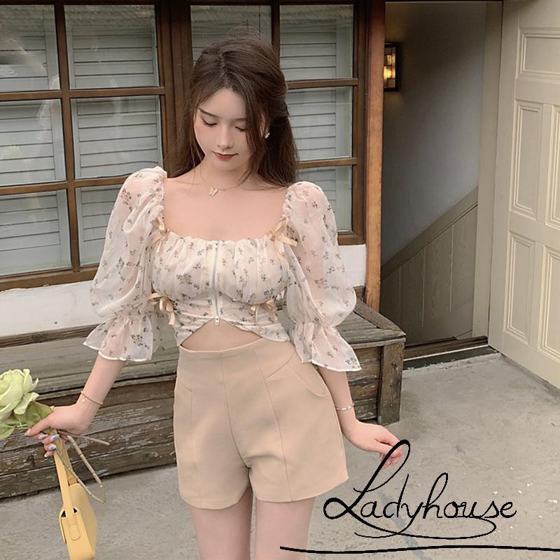 Áo croptop cổ vuông tay phồng in họa tiết hoa có khóa kéo thời trang xuân hè cho nữ