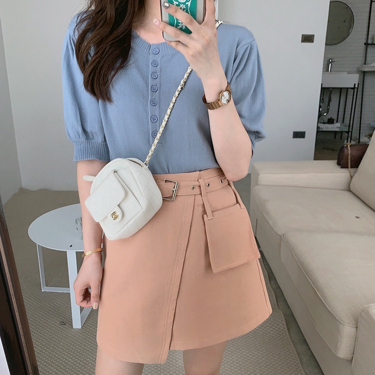 Áo Thun nữ Tay Ngắn Aimeehouse Cổ Tròn Đính Nút Phong Cách Hàn Quốc hàng Quảng Châu cao cấp