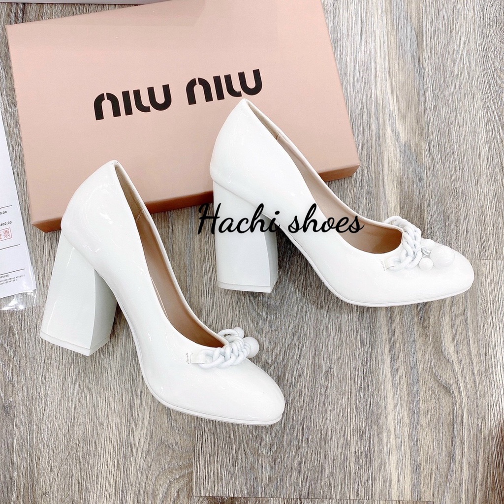 Giày cao gót trắng miumiu gót vuông cao 9cm mẫu hót fullbõx MX2021