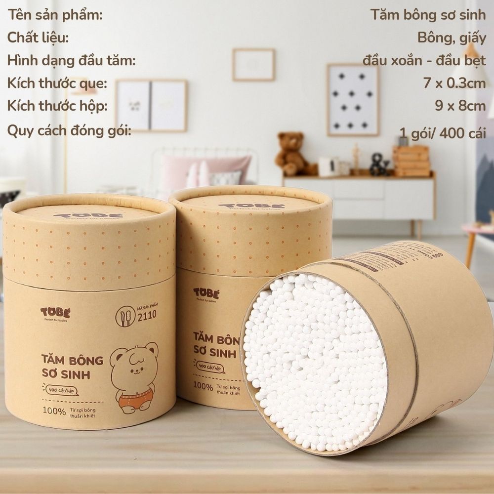 Tăm bông sơ sinh Ualarogo TOBÉ hộp 400 que 7cm từ bông tự nhiên an toàn tiện lợi