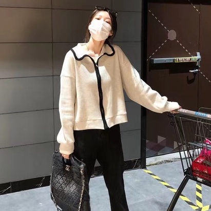 Áo khoác cardigan ZHELIHANGFEI thiết kế dài tay cổ polo phối khóa kéo thời trang