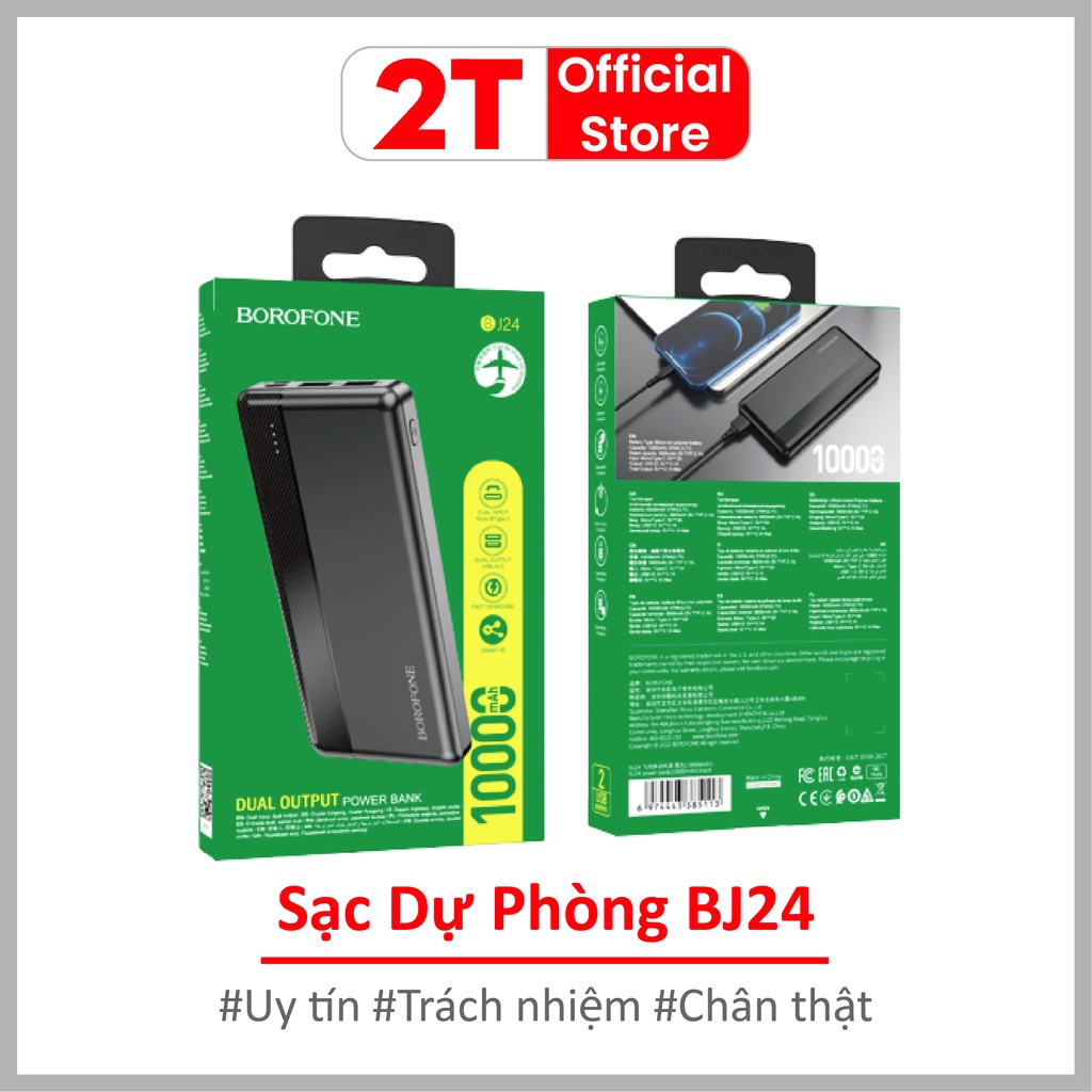 Phụ kiện sạc dự phòng Borofone BJ24 - 10000 mAh 2 cổng ra 2 cổng vào, nhỏ gọn dễ mang theo