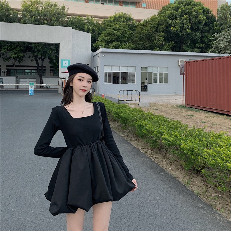 Váy Bồng Đen Tay Dài ⚡️ẢNH THẬT⚡️ Đầm Cotton Dáng Xòe, Trơn Xinh Cho Nữ