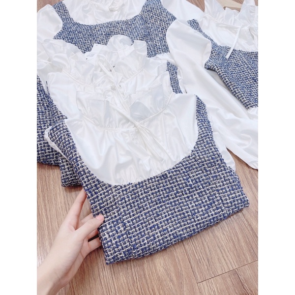 Áo SơMi Phối Dạ Tweet Xanh Cổ Bèo