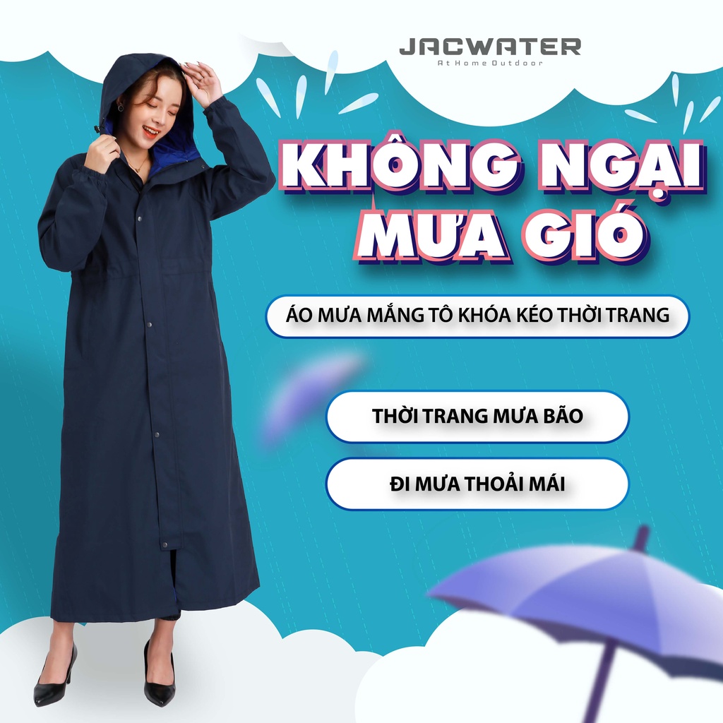 Áo mưa măng tô dáng dài dây kéo vải Gore tex chống thấm nước xẻ tà JACWATER C442