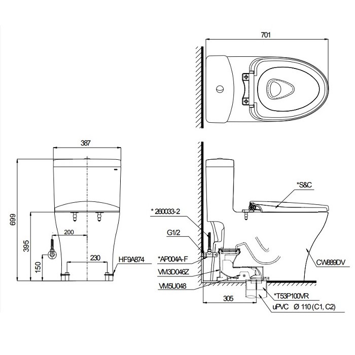 Bồn Cầu TOTO 1 khối MS889DE4 (MS889DRE4) Nắp Cơ