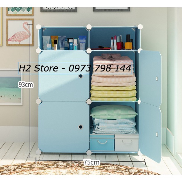 XƯỞNG TỦ NHỰA LẮP GHÉP 4 Ô + 2 Ô NHỎ CỬA XANH NHẠT ĐỂ QUẦN ÁO ĐA NĂNG THÔNG MINH sâu 37cm