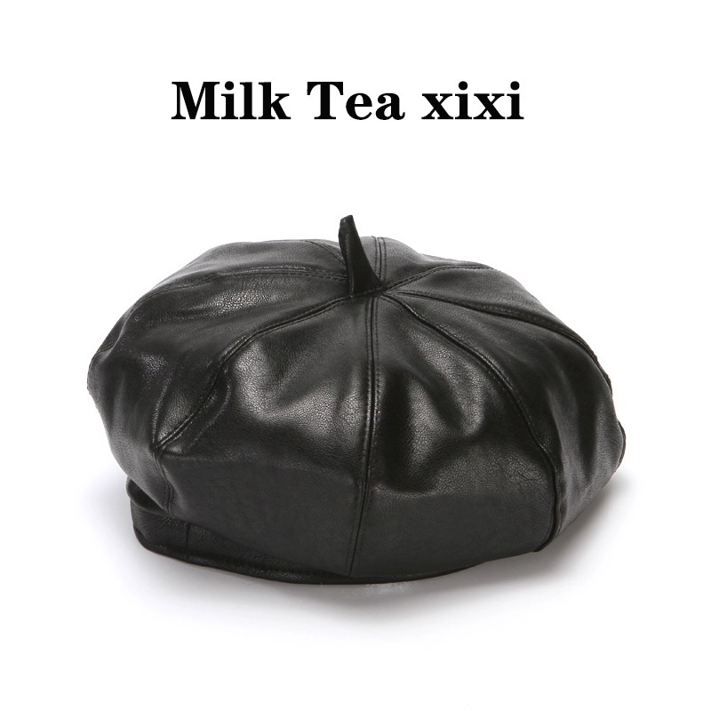 Mũ Beret Da pu Màu Đen Thời Trang Thu Đông Phong Cách Hàn Quốc Dành Cho Nữ