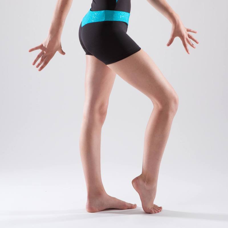 Quần short thể dục nghệ thuật cho bé gái Decathlon DOMYOS có thắt lưng xanh ngọc lam kim tuyến