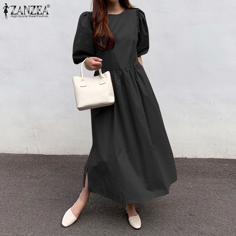 Đầm Zanzea tay phồng cổ tròn nút cài sau lưng thời trang cho nữ