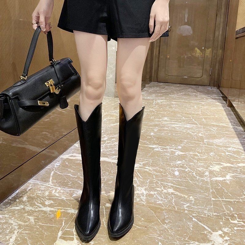 Bốt đùi cao cổ EMY giày boots nữ cổ vát da PU mềm khóa sau boot mũi tròn đế dày 5 cm boost thời trang