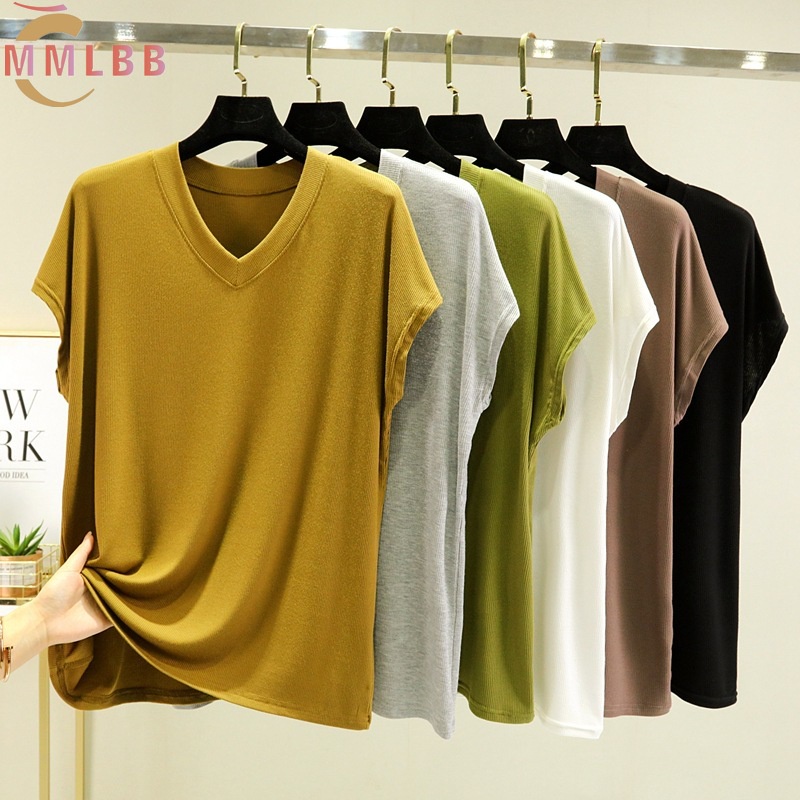 Áo Thun cotton Tay Ngắn Dáng Rộng Cổ Chữ V Plus Size Cho Nữ 40-85kg