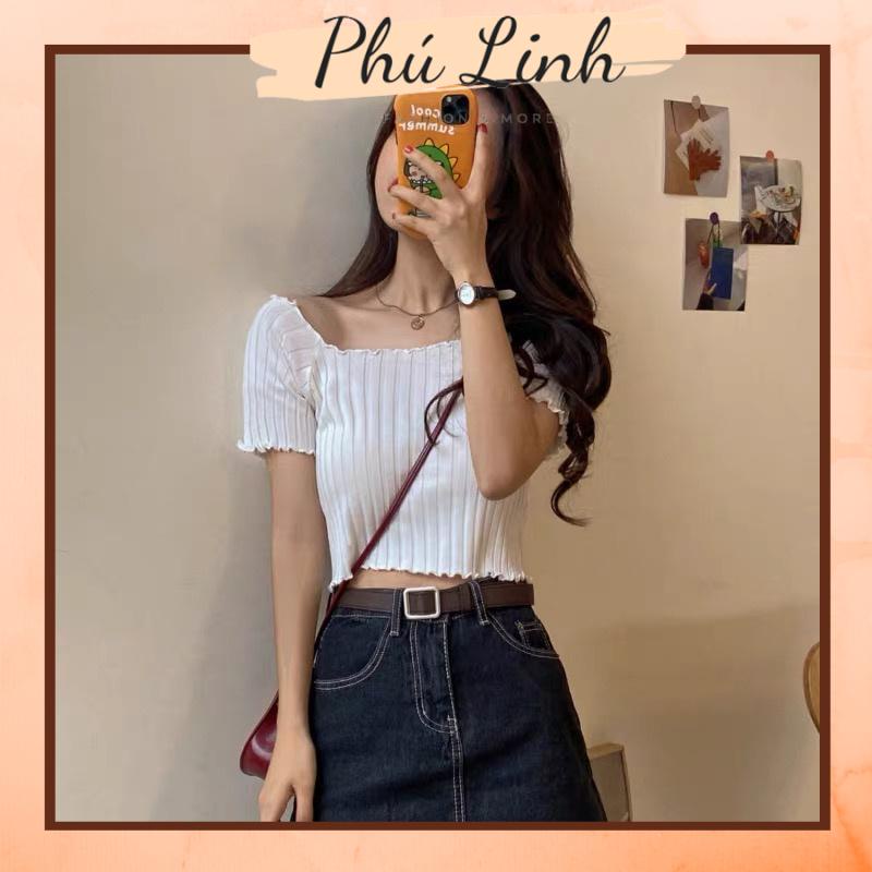 MS235 Áo len cộc tay viền bèo croptop cổ thuyền