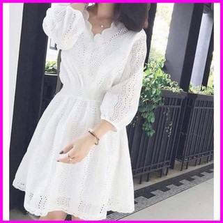 [   VÁY TRẮNG ] Đầm ren trắng xòe tiểu thư cổ tim tay phồng cao cấp duyên dáng [HÀNG CÓ SẴN] Đầm nữ dự tiệc