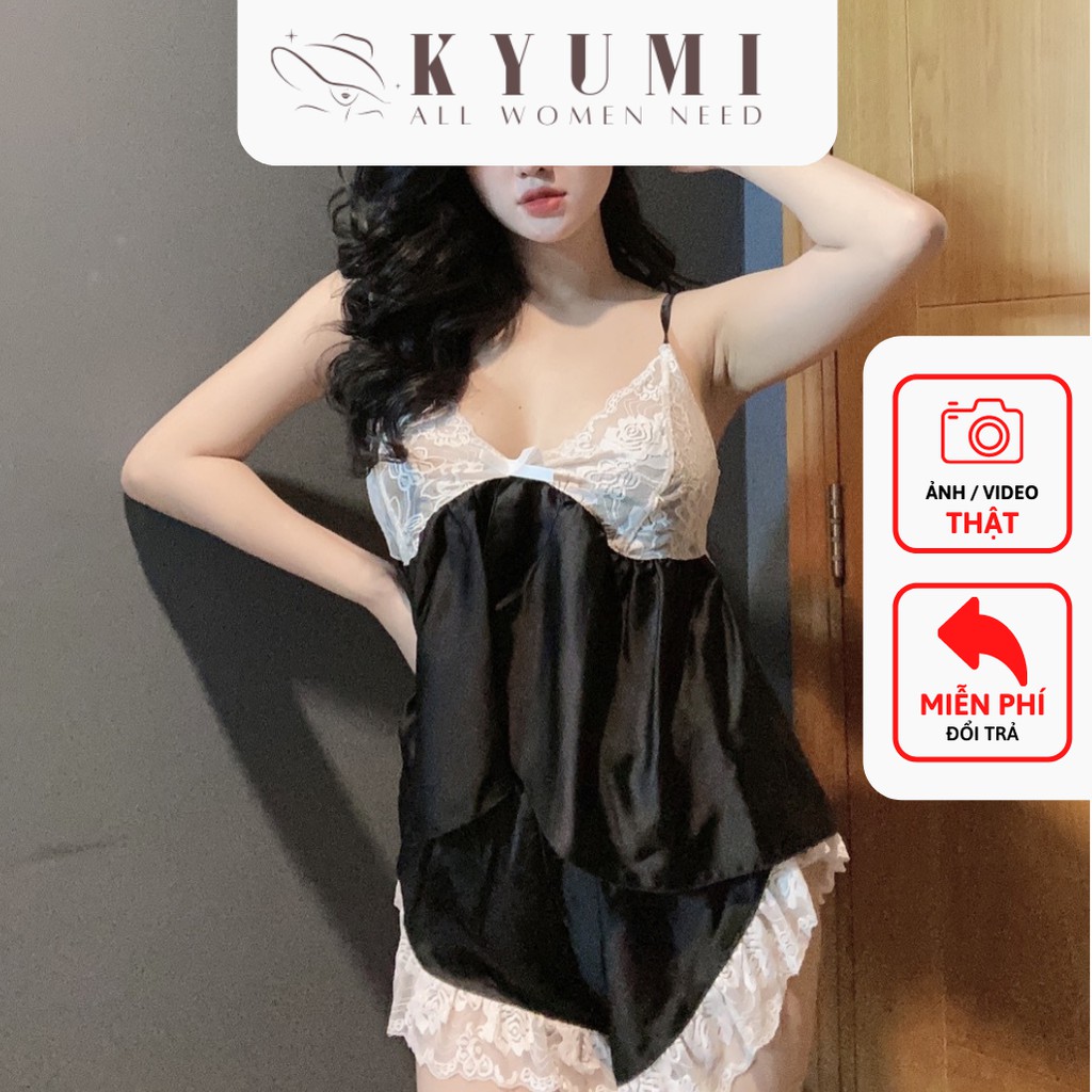 Đồ ngủ sexy đồ ngủ 2 dây phối ren lai cực xinh KYUMI OFFICIAL, chất liệu lụa satin, freesize 40-65kg tùy chiều cao 023 | BigBuy360 - bigbuy360.vn